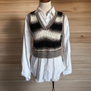 Veronica Beard Merino Wool Combo Sweater Button Down  S Light Acedemia preppy
